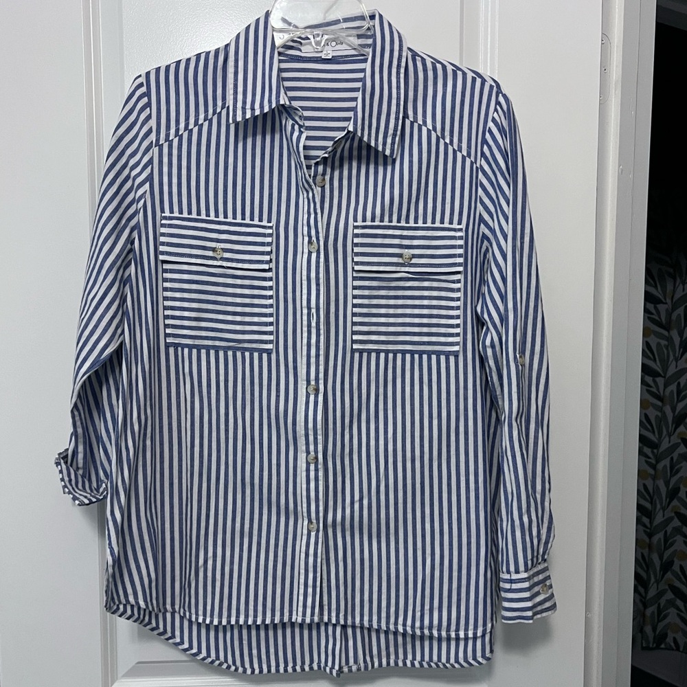Blue and White Striped Button-Up Women’s Shirt